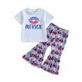 thumbnail image 1 of Bagilaanoe 4th of July Clothes for Toddler Baby Girls Stars Letter Print Short Sleeve T-Shirts Tops + Floral Flare Trousers 12M 18M 24M 3T 4T 5T Kids Independence Day Outfits 2pcs Long Pants Set, 1 of 9