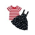 thumbnail image 1 of Bagilaanoe 4th of July Dress for Toddler Baby Girls Short Sleeve T-Shirts Tops + Striped Print Suspender Skirt 12M 18M 24M 3T 4T 5T Kid 2pcs Independence Day Overalls Dress Set, 1 of 9
