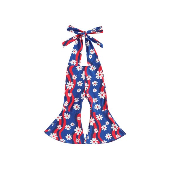 Bagilaanoe 4th of July Jumpsuit for Toddler Baby Girl Sleeveless Floral Stripes Print Romper Overalls 12M 18M 24M 3T 4T 5T Kids Long Flared Pants Independence Day Clothes