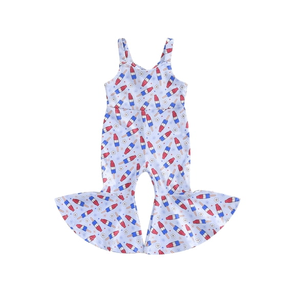 Bagilaanoe 4th of July Jumpsuit for Toddler Baby Girl Sleeveless Flower Print Romper Overalls 6M 12M 18M 24M 3T 4T Kids Long Flared Pants Independence Day Clothes