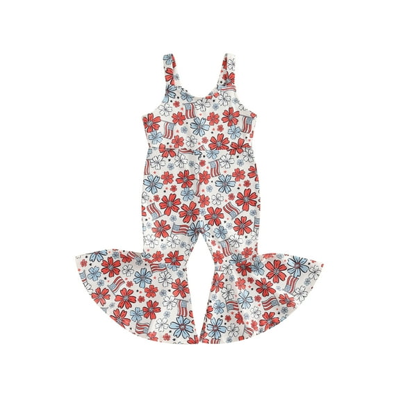 Bagilaanoe 4th of July Jumpsuit for Toddler Baby Girl Sleeveless Flower Print Romper Overalls 6M 12M 18M 24M 3T 4T Kids Long Flared Pants Independence Day Clothes