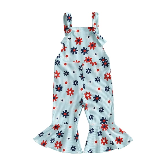 Bagilaanoe 4th of July Jumpsuit for Toddler Baby Girl Sleeveless Letter Floral Print Romper Overalls 12M 18M 24M 3T 4T 5T Kids Long Flared Pants Independence Day Outfits