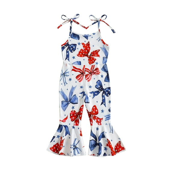 Bagilaanoe 4th of July Jumpsuit for Toddler Baby Girl Sleeveless Print Romper Overalls 12M 18M 24M 3T 4T 5T Kids Long Flared Pants Independence Day Clothes