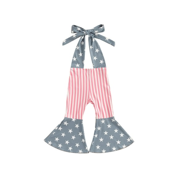 Bagilaanoe 4th of July Jumpsuit for Toddler Baby Girl Sleeveless Stripes Print Romper Overalls 12M 18M 24M 3T 4T 5T Kids Long Flared Pants Independence Day Clothes