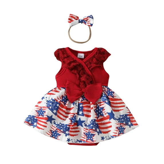 Bagilaanoe 4th of July Newborn Baby Girl Rompers Dress Print Sleeveless Bodysuit + Headband 3M 6M 9M 12M 18M Infant Patchwork One Piece Short Jumpsuit for Independence Day