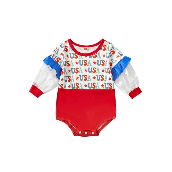 Bagilaanoe 4th of July Newborn Baby Girl Rompers Letters Print Long Sleeve Bodysuit 3M 6M 12M 18M 24M Infant Contrast Color One Piece Short Jumpsuit for Independence Day