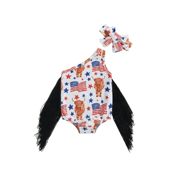 Bagilaanoe 4th of July Newborn Baby Girl Rompers Star Flag Print Sleeveless Bodysuit   Headband 6M 12M 18M 24M Infant Tassel One Piece Short Jumpsuit for Independence Day