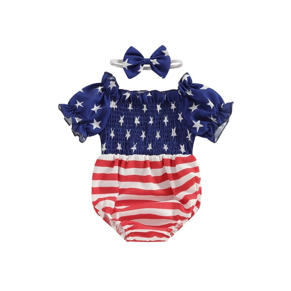 Bagilaanoe 4th of July Newborn Baby Girl Rompers Star Stripe Short Sleeve Bodysuit + Headband 6M 12M 18M 24M Infant  One Piece Short Jumpsuit for Independence Day