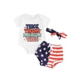 thumbnail image 1 of Bagilaanoe 4th of July Outfits for Newborn Baby Girl Short Sleeve Letter Print Romper Tops + Striped Shorts + Headband 3M 6M 12M 18M Infant Independence Day Clothes 3pcs Short Pants Set, 1 of 8