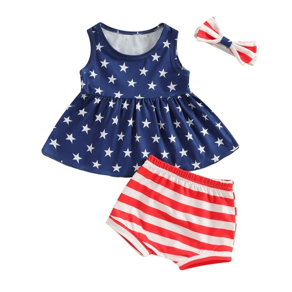 Bagilaanoe 4th of July Outfits for Newborn Baby Girl Sleeveless Star Print Tank Tops + Striped Shorts + Headband 6M 9M 12M 24M Infant Independence Day Clothes 3pcs Short Pants Set
