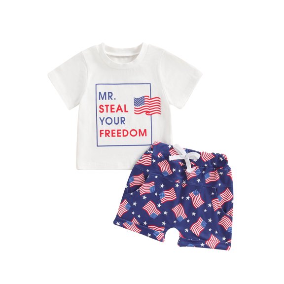 Bagilaanoe 4th of July Outfits for Toddler Baby Boys Short Sleeve Letter Print T-Shirts Tops + Shorts 6M 12M 18M 24M 3T 4T Kids Independence Day Clothes 2pcs Short Pants Set