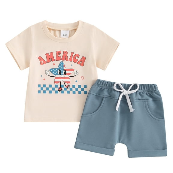 Bagilaanoe 4th of July Outfits for Toddler Baby Boys Short Sleeve Letter Print T-Shirts Tops   Shorts 6M 12M 18M 24M 3T Kids Independence Day Clothes 2pcs Short Pants Set