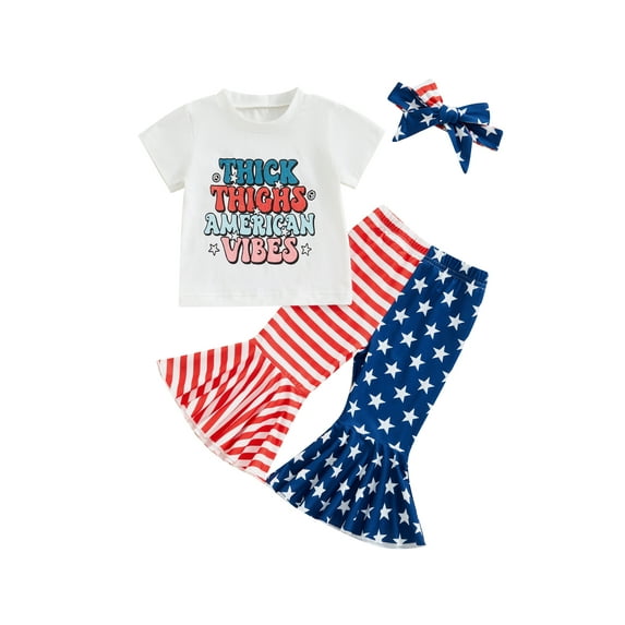 Bagilaanoe 4th of July Outfits for Toddler Baby Girl Short Sleeve T-Shirt Tops + Flare Trousers + Headband 6M 12M 18M 24M 3T 4T Kids Independence Day Clothes 3pcs Pants Set