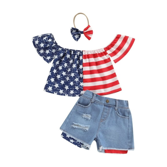 Bagilaanoe 4th of July Outfits for Toddler Baby Girls Off-shoulder T-shirt Tops + Patchwork Denim Shorts + Headband 12M 18M 24M 3T 4T 5T Kids Independence Day Clothes 3pcs Short Pants Set