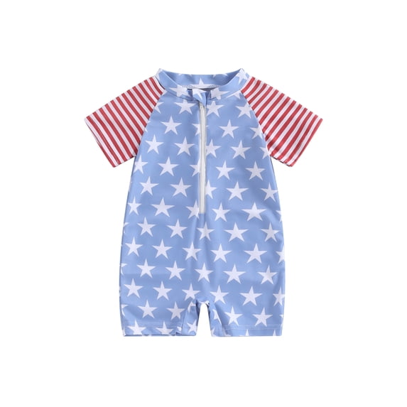 Bagilaanoe 4th of July Toddler Baby Boys One-Piece Swimsuit Stripe Print Short Sleeve Zipper Rashguard Swimwear 6M 12M 18M 24M 3T Kids Bathing Suit for Independence Day