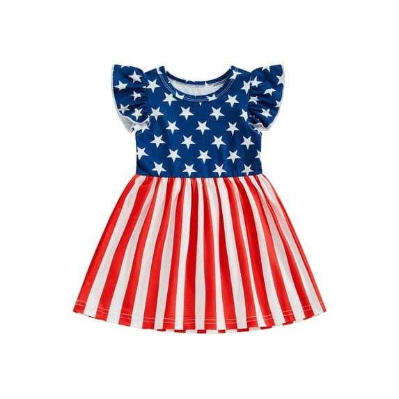 Bagilaanoe 4th of July Dress for Toddler Baby Girl Star Stripe Flying Sleeve A-line Dresses 6M 12M 18M 24M 3T 4T 5T 6T Kids Independence Day Clothes
