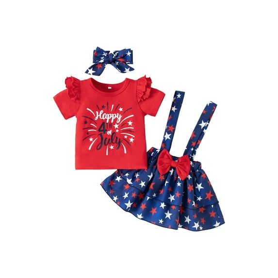Bagilaanoe 4th of July Outfits for Baby Girl Infant My First Independence Day Short Sleeve T-Shirt Tops+ Suspenders Skirts + Headband Set