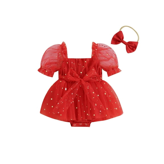 Bagilaanoe Baby Girl Christmas Outfits Newborn Rompers Dress Short Puff Sleeve Bodysuits Headband 3M 6M 12M 18M Infant A-line Princess Tulle Dresses