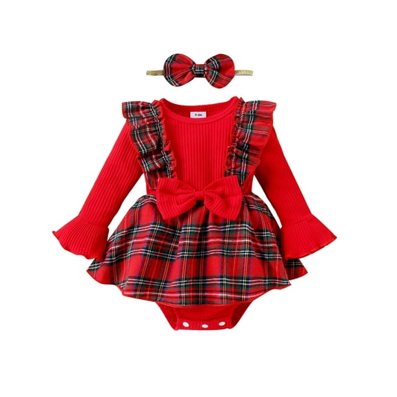 Bagilaanoe Baby Girl Christmas Plaid Romper Dress Newborn Long Sleeve Bodysuit + Headband 3M 6M 9M 12M Infant Fall Patchwork A-line Dresses