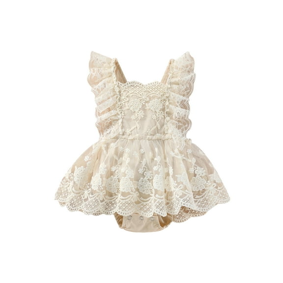 Bagilaanoe Baby Girl Lace Romper Dress 0-24 Months Infant Floral Embroidery Ruffle Fly Sleeve Bodysuit Tutu Skirt Backless Straps One Piece Jumpsuit for Birthday Party Wedding