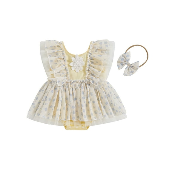 Bagilaanoe Baby Girl Summer Rompers Dress Floral Print Fly Sleeve Bodysuits + Headband 3M 6M 9M 12M 18M Infant Ruffles A-line Dresses