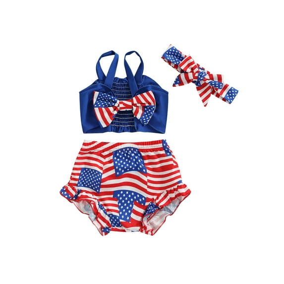 Bagilaanoe Baby Girls 4th of July Outfits Sleeveless Bow Front Sleveeless Tank Tops + Shorts + Headband Set 3pcs Independence Day Sets