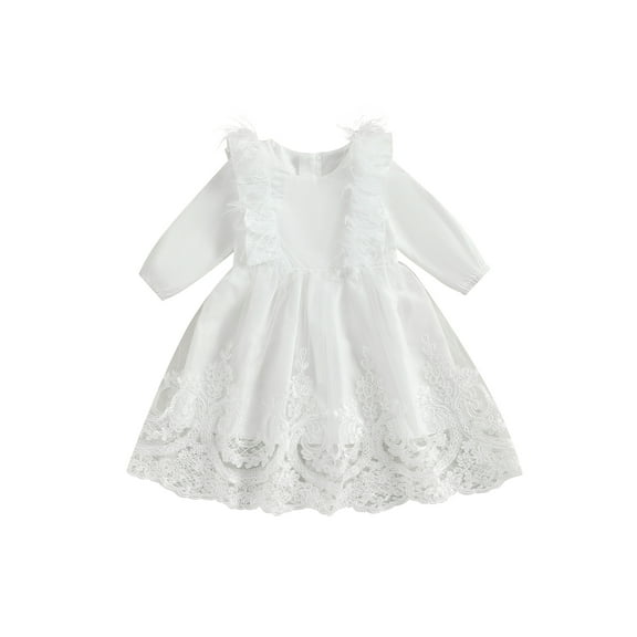 Bagilaanoe Baby Girls Formal Dress Toddler Long Sleeve A-line Princess Dresses 9M 12M 18M 24M 3T 4T Kids Feathers Patchwork Dress for Wedding Birthday Party Gown