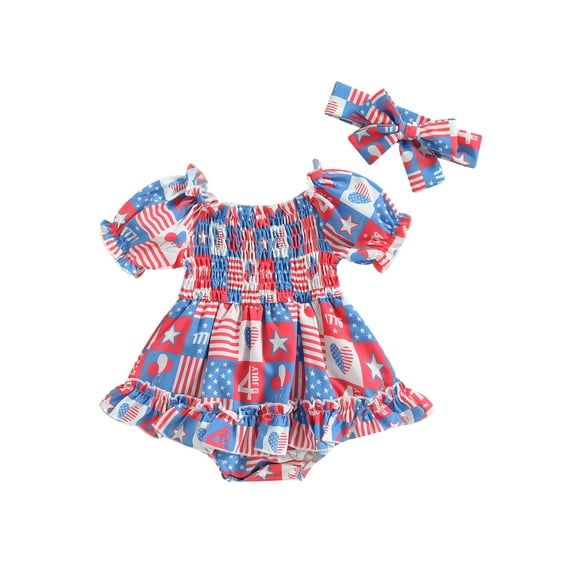 Bagilaanoe Baby Girls Independence Day Outfits 0-24M 4th of July Romper Dress Infant Print Short Sleeve Bodysuits + Headband Clothes