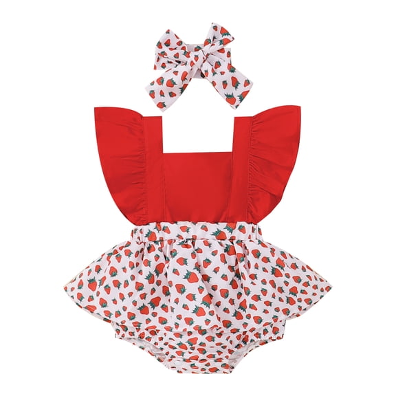 Bagilaanoe Baby Girls Ruffle Sleeve Romper Tutu Dress Strawberry Print Backless Suspender Jumpsuit One Piece Bodysuit Headbands