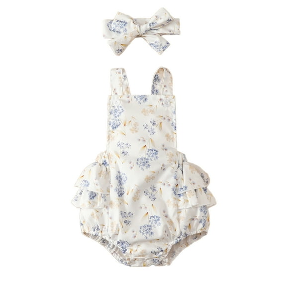 Bagilaanoe Baby Girls Summer Romper with Headband Newborn Floral Adjustable Button Straps Backless Bodysuit 0-24 Months Infant Girls Snap Triangle Jumpsuit