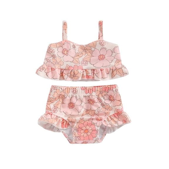 Bagilaanoe Baby Girls Swimsuits 2 Piece Bikinis Set Print Sleeveless Crop Tops + Ruffled Shorts 6M 9M 12M 18M 24M 3T Kids Swimwear Bathing Suit Beachwear