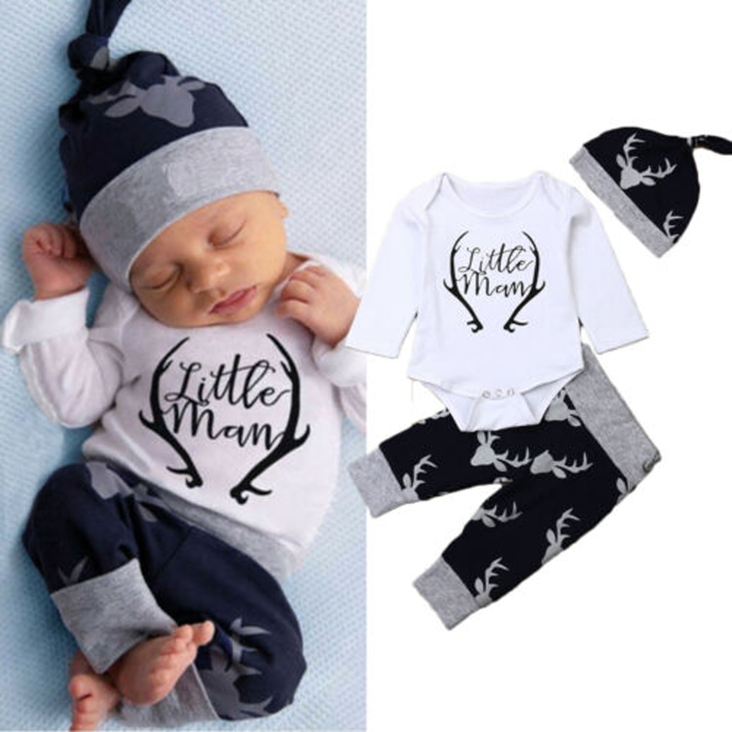 Bagilaanoe Baby Long Sleeve, Romper & Deer Leggings Set (Boy's), 3-Piece Set, Sizes 0-12 M