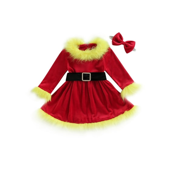 Bagilaanoe Christmas Toddler Kids Girls Velvet Dress Plush Patchwork Long Sleeve A-line Princess Belt and Bow Headband Xmas Suit