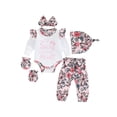 thumbnail image 1 of Bagilaanoe Coming Home Outfit for Newborn Baby Girl Long Sleeve Romper Tops +  Floral Trousers + Hat + Gloves + Headband 0M 3M 6M Infant Fall Long Pants Set 5PCS, 1 of 9