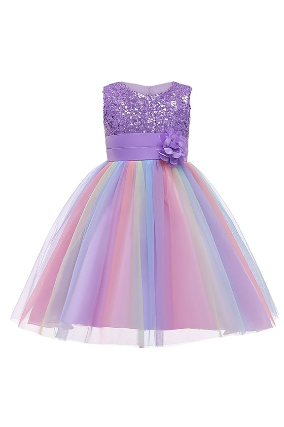 Flower Girls Sequin Dress Rainbow Tutu Birthday Party Princess Dress Pageant Gown for Age 3-10 Years Old