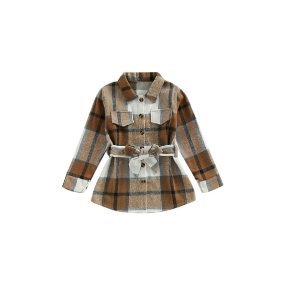 Bagilaanoe Girl Plaid Jacket Plaid Long Sleeve Single-Breasted Shacket with Belt 5T 6T 7T 8T 9T 10T Kids Fall Casual Outwear