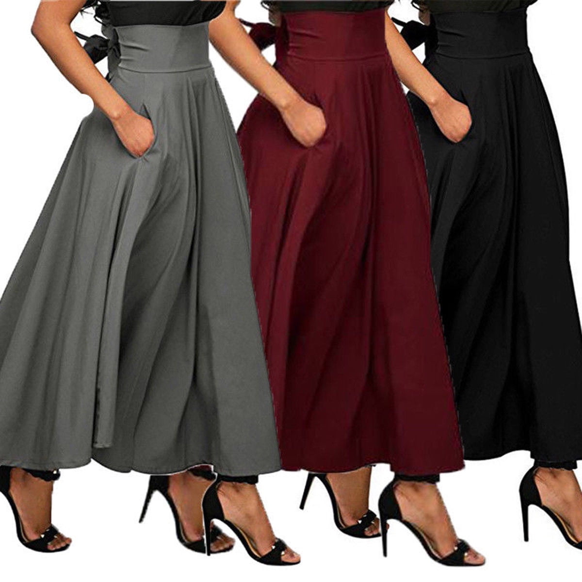 Bagilaanoe High Waist Pleated Long Skirts Women Flared Full Maxi Skirt Swing Dress 0137