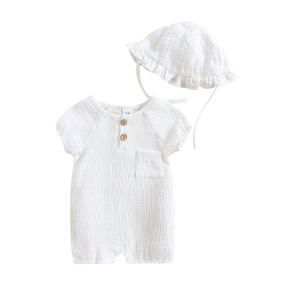 Bagilaanoe Infant Baby Girls Boys Linen Cotton Romper Short Sleeve Jumpsuit + Ruffle Sun Hat Summer Outfits