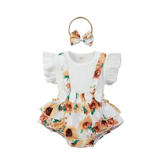 Bagilaanoe Infant Newborn Baby Girl Floral Summer Outfits Ruffle Fly Sleeve Ribbed Tops+Suspender Shorts + Headband Shorts Set 3Pcs