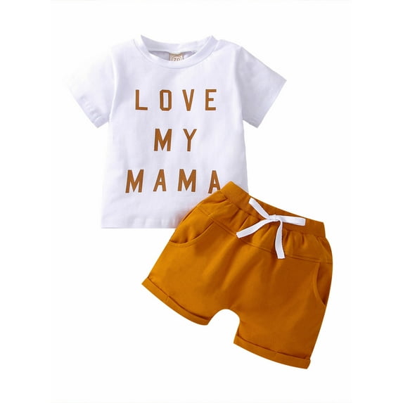Bagilaanoe Infants Boy Short Sleeve Tops + Shorts 0-3 Years LOVE MY MAMA Letter Pattern Elastic Drawstring Summer Clothing