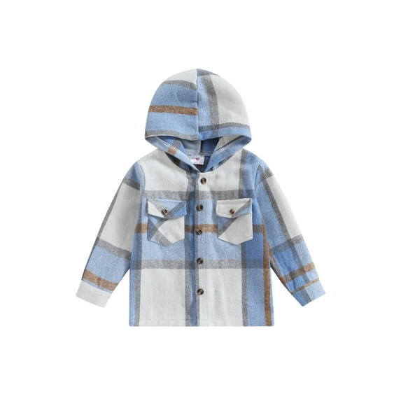 Bagilaanoe Little Boy Girl Hooded Jacket Plaid Long Sleeve Single-Breasted Shirts Shacket with Pockets 3T 4T 5T 6T 7T Toddler Kids Fall Casual Outwear