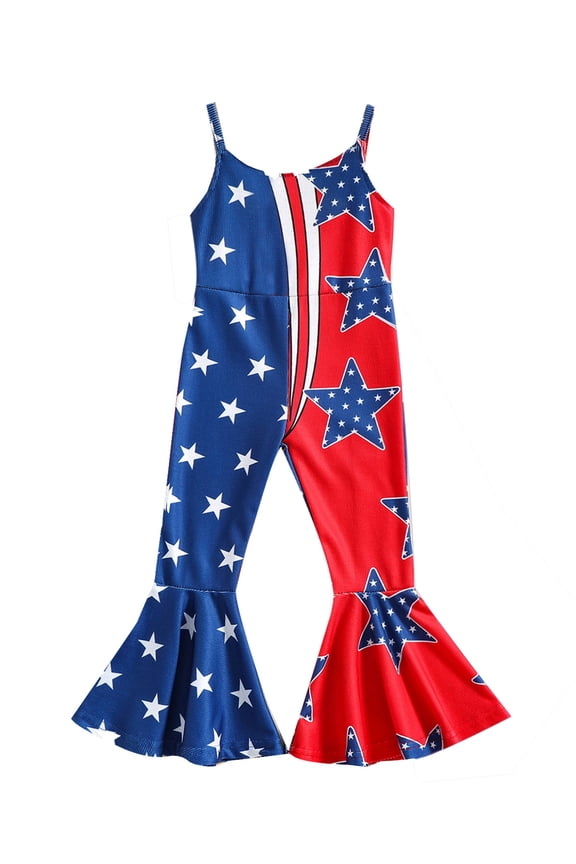 Little Girl 4th of July Overall Stars and Stripes Strappy Sleeveless Bell Bottom Pants Jumpsuit Romper for Toddler 1 2 3 4 5 Years