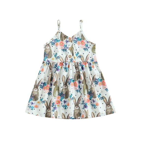 Bagilaanoe Little Girl Easter Dress Floral Rabbit Print Sleeveless A-line Dresses 2T 3T 4T 5T 6T 7T Kids Casual Swing Sundress
