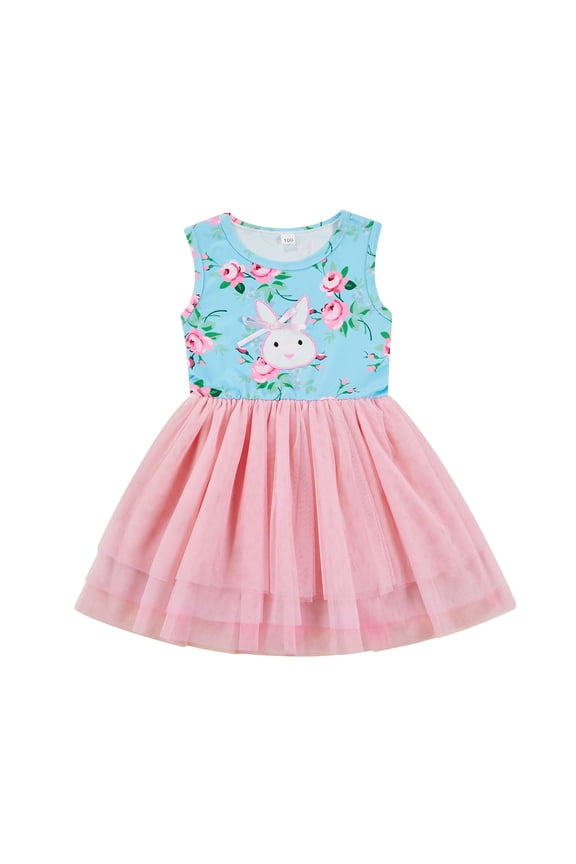 Little Girl Easter Dress Rabbit Flower Print Sleeveless A-line Princess Dresses 2T 3T 4T 5T 6T 7T Kid Patchwork Tulle Skirt