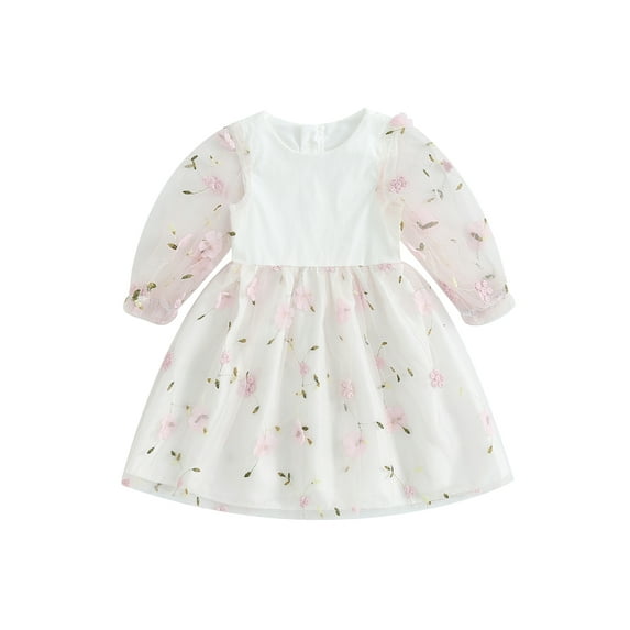 Bagilaanoe Little Girl Fall Dress Flower Embroidery Long Puff Sleeve A-line Princess Dresses 3T 4T 5T 6T 7T Toddler Kid Patchwork Tulle Skirt