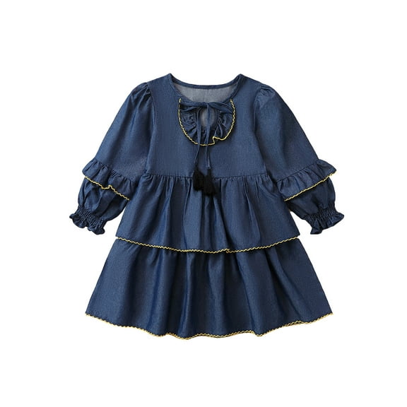 Bagilaanoe Little Girl Fall Dress Long Sleeve A-line Dresses 2T 3T 4T 5T 6T 7T Toddler Kids Casual Contrast Color Layered Dress