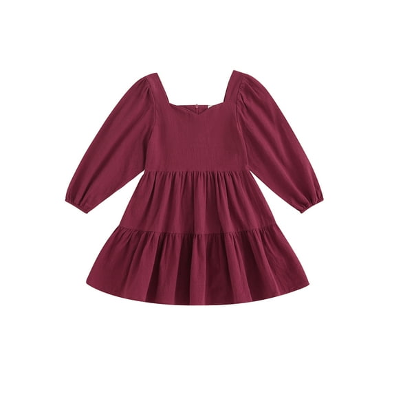 Bagilaanoe Little Girl Fall Dress Solid Color Long Sleeve A-line Princess Dresses 3T 4T 5T 6T 7T 8T Kids Casual Clothes