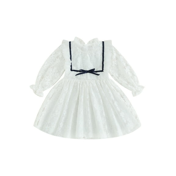 Bagilaanoe Little Girl Lace Dress White Ruffle Long Sleeve A-line Princess Dresses 3T 4T 5T 6T 7T Kids Fall Casual Tulle Skirt