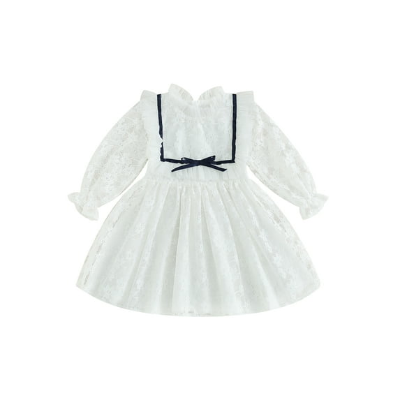 Bagilaanoe Little Girl Lace Dress White Ruffle Long Sleeve A-line Princess Dresses 3T 4T 5T 6T 7T Kids Fall Casual Tulle Skirt