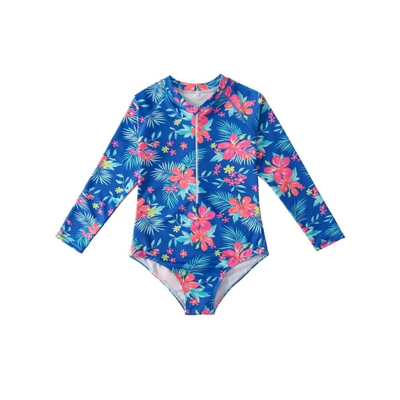 Bagilaanoe Little Girl One-Piece Swimsuit Floral Print Long Sleeve Zipper Rashguard Swimwear 18M 24M 3T 4T 5T 6T 7T Kids Bathing Suit